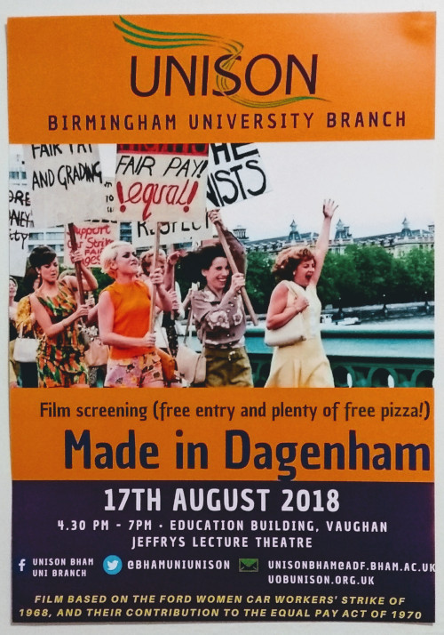 UNISON University of Birmingham Branch presents Made In Dagenham free film screening, Friday 17 August at 4.30 pm