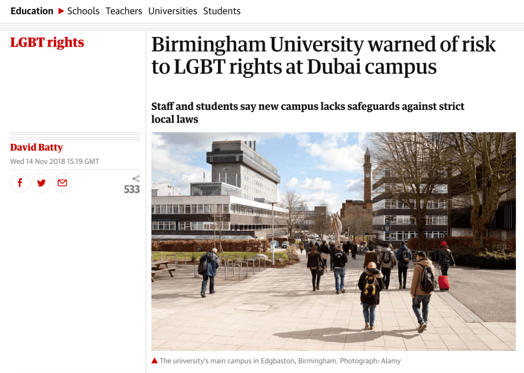 Screenshot of The Guardian story ' Birmingham University warned of risk to LGBT rights at Dubai campus'.