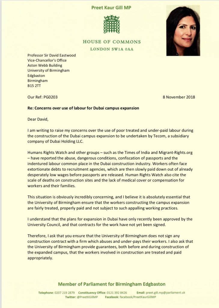 Letter from Preet Gill MP, Shadow Minister for International Development and MP for Egbaston, to University of Birmingham Vice Chancellor Sir David Eastwood, raising concerns over labour standards in building the planned new campus in Dubai