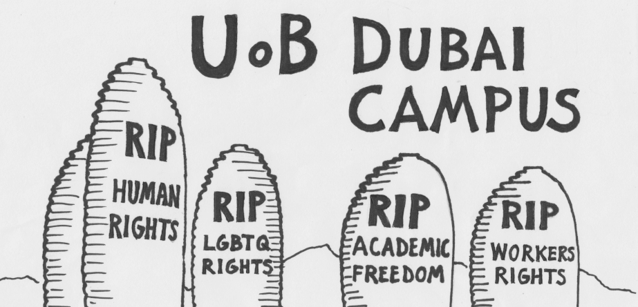 University of Birmngham Dubai academic boycott poster with tall buildings representing gravestones with the words 'RIP human rights', 'RIP LGBTQ rights', 'RIP academic freedom' and 'RIP workers rights'.
