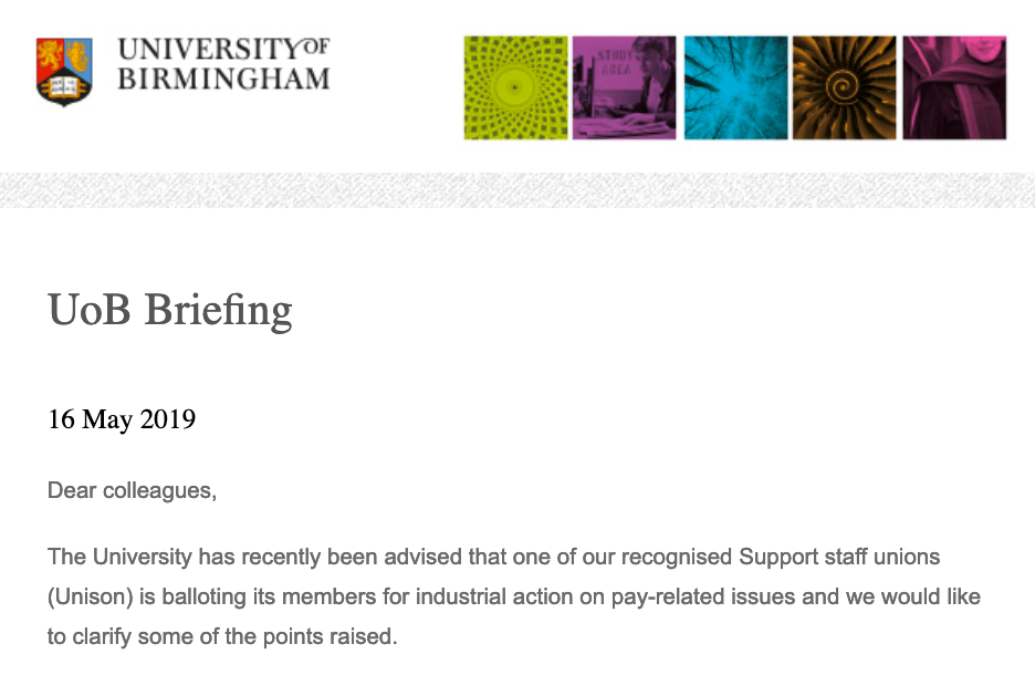 Screenshot of Tim Jones' UoB Briefing email on the UNISON UoB strike ballot