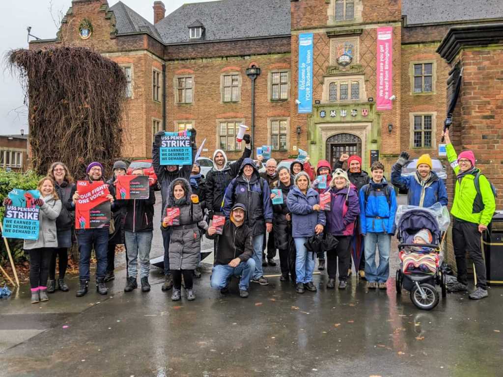 Members of Birmingham UCU picketing by the East Gate of University of Birmingham