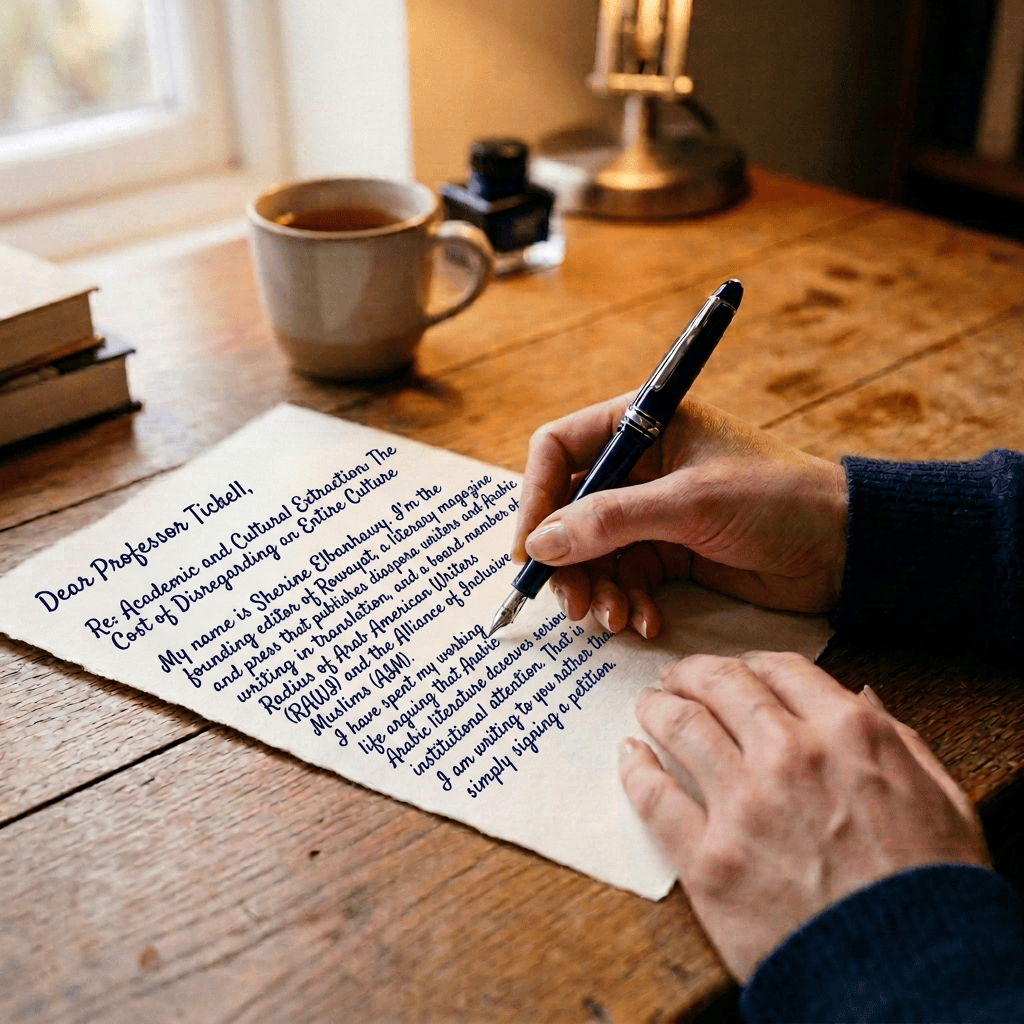 Person writing a handwritten letter at a wooden desk beside tea and books.
